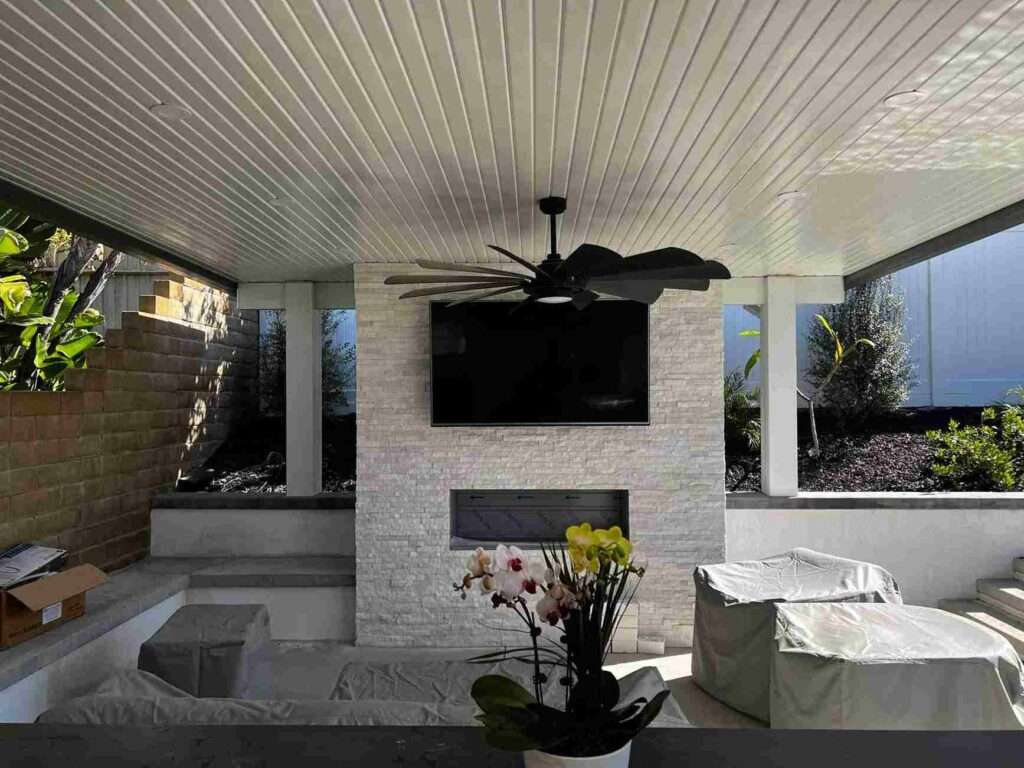 patio-fireplace-lounge A Cozy Patio in Sacramento, CA, Featuring a Fireplace and a Television for Outdoor Entertainment